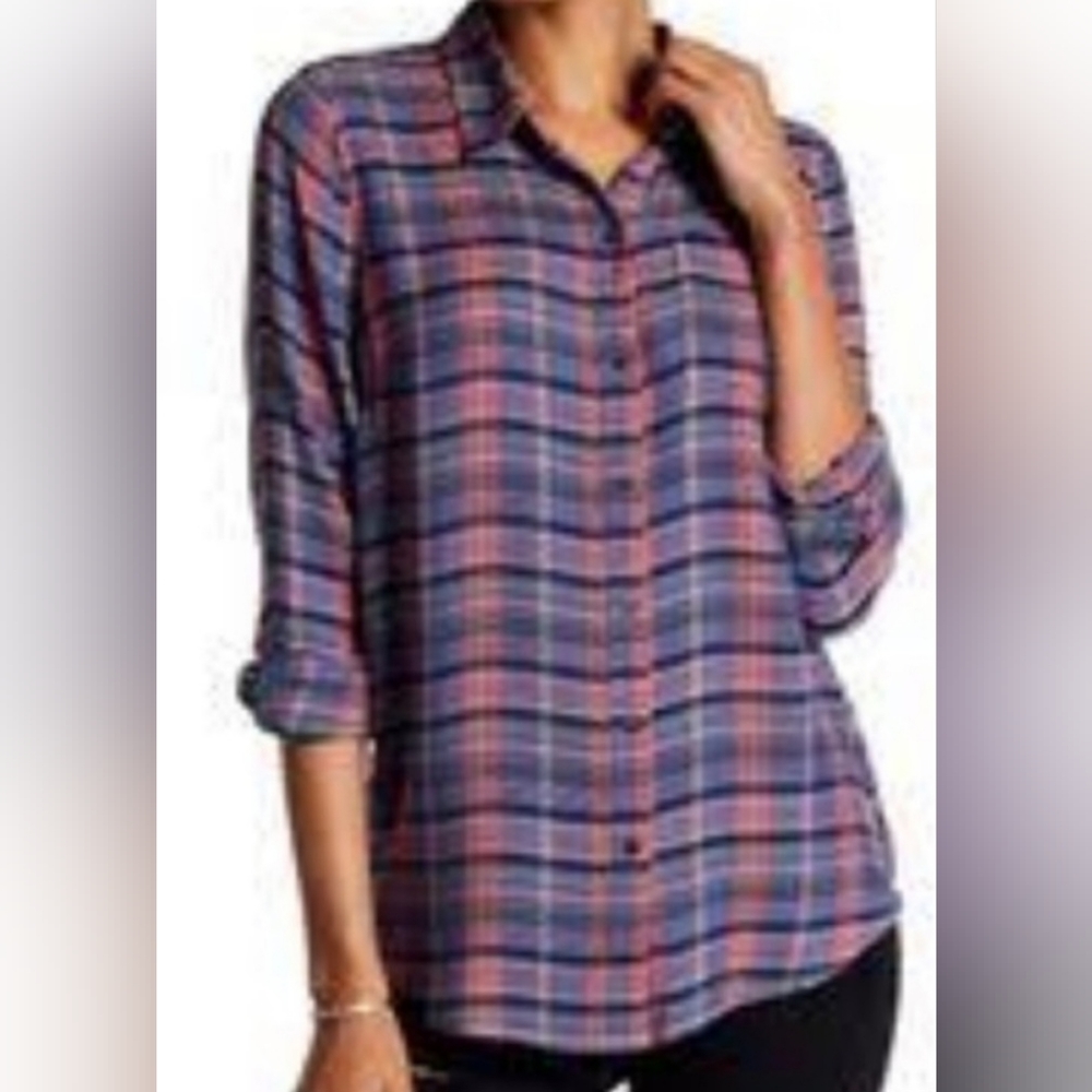 Lucky Brand Plaid Button-Up Shirt Side Button Seams Women's Size M